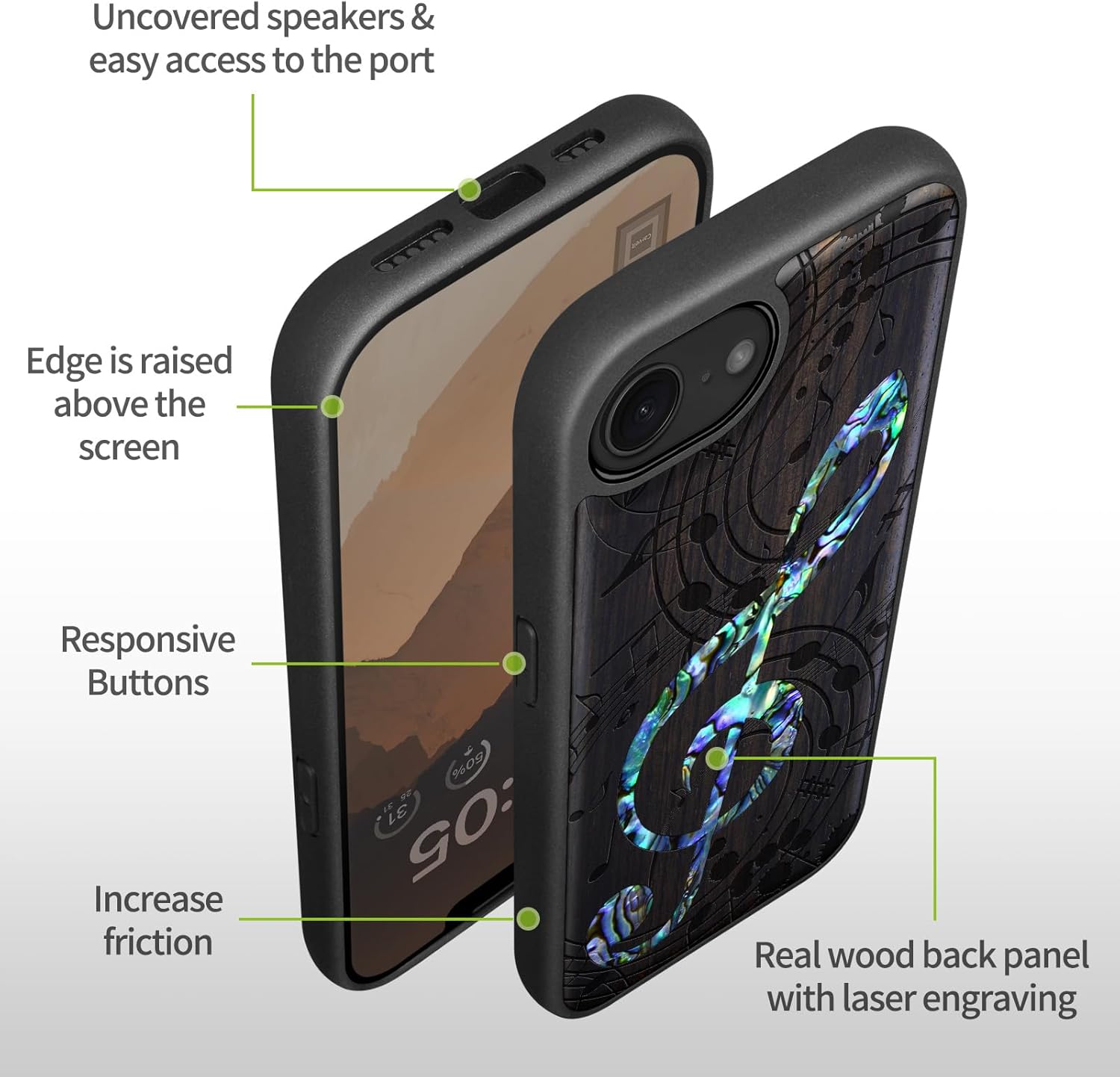 Carveit Magnetic Wooden Case for iPhone 16e / 17e, Wood Artisan Engraved & Handmade Shell Inlaid, TPU Shockproof Cover, Compatible with MagSafe Wireless Chargers, Musical Note - Blackwood