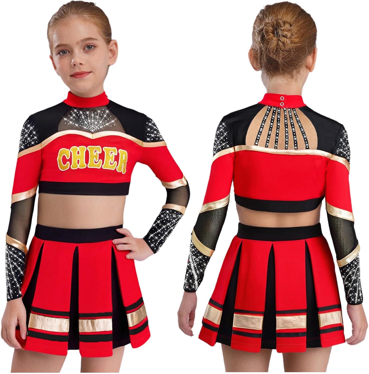 dPois Kids Girls Sparkly Cheerleading Uniform Long Sleeve Crop Top With Pleated Skirt School Performance Outfits