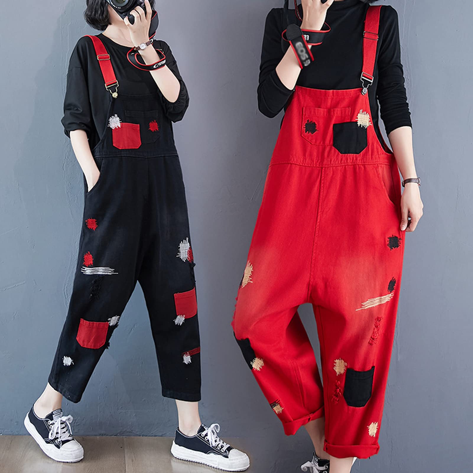 Salopette da donna in denim Salopette Pantaloni da donna Vintage Casual Baggy Jean Tute regolabili Tute Tute a gamba larga Tutina Pantaloni lunghi