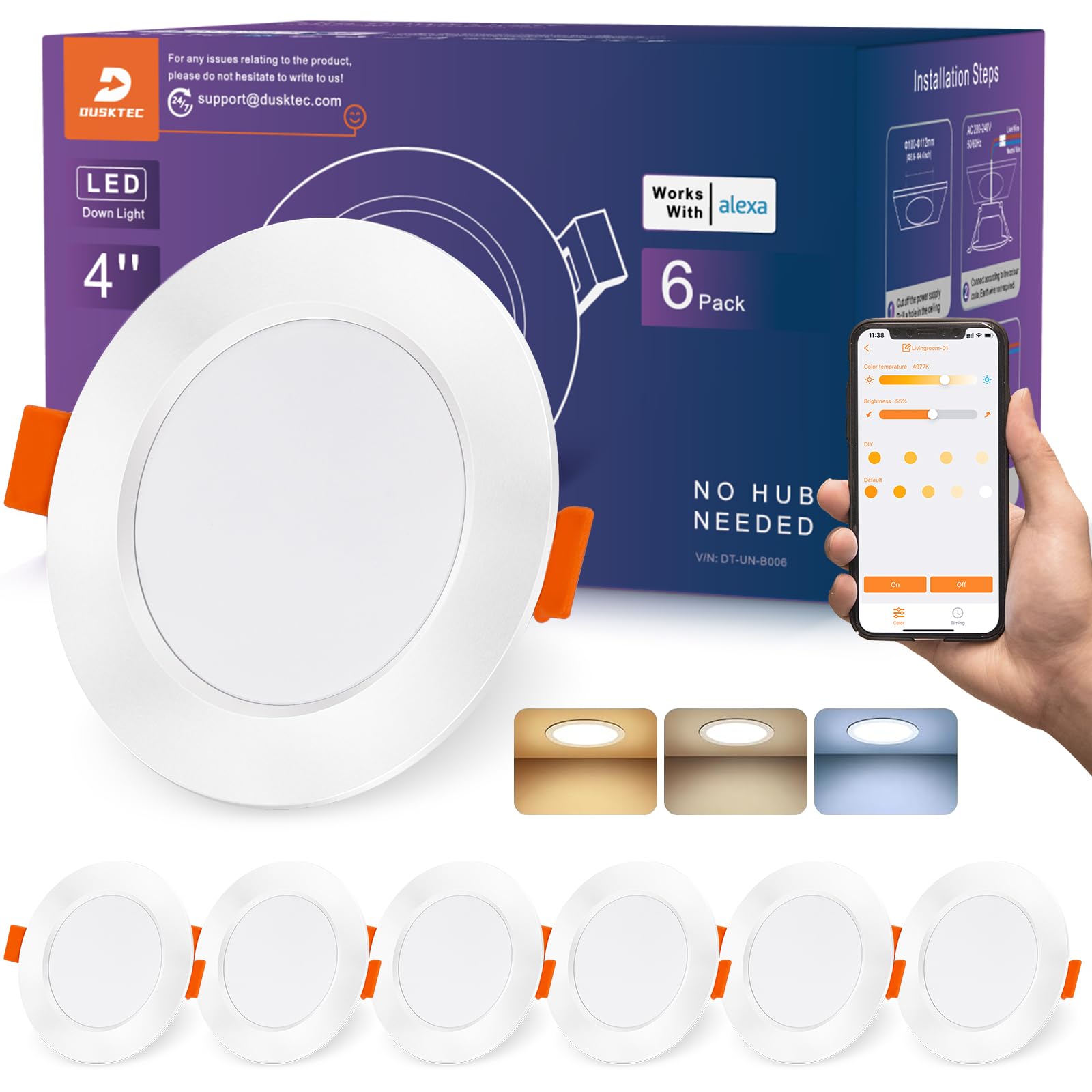 Smart Recessed Downlights 100mm 10W, Work with Alexa, APP & Voice Control, Dimmable 2700K-6000K Warm Neutral Cold White Tunable Spot Light, LED Recessed Ceiling Spotlights, 6 Pack