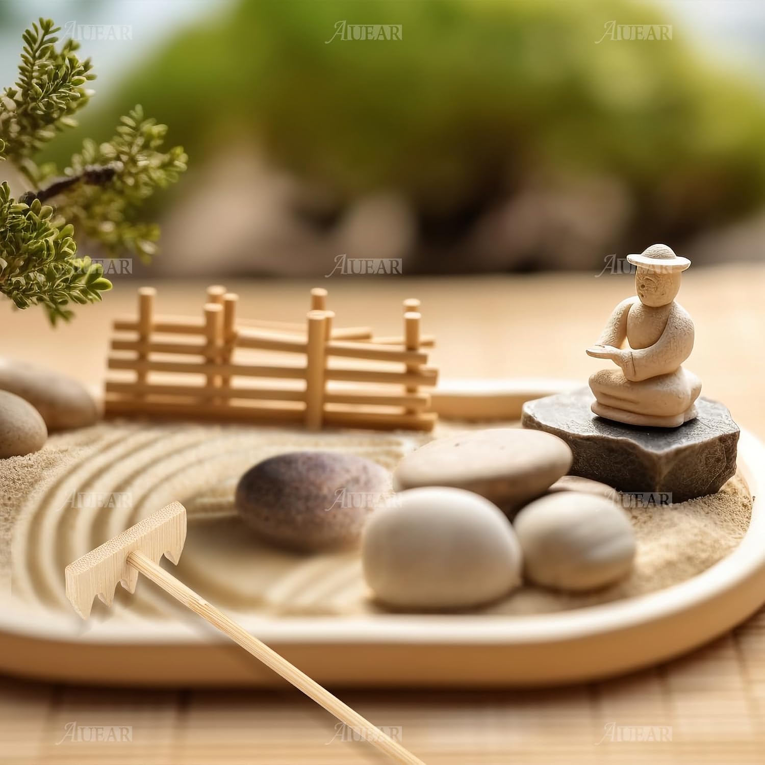 AUEAR, Set of 4 Mini Zen Sand Rakes Bamboo Tabletop Rock Garden Tray Rake Tools Accessories for Home Office Table