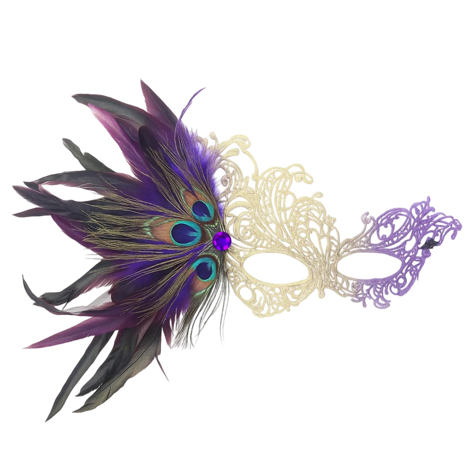 Masquerade Mask for Women, Elegant Half Face Mask with Feathers and Rhinestones, Gold Purple Phoenix Design, Perfect for Halloween Party, Masquerade Ball, Costume Party, Carnival Celebration