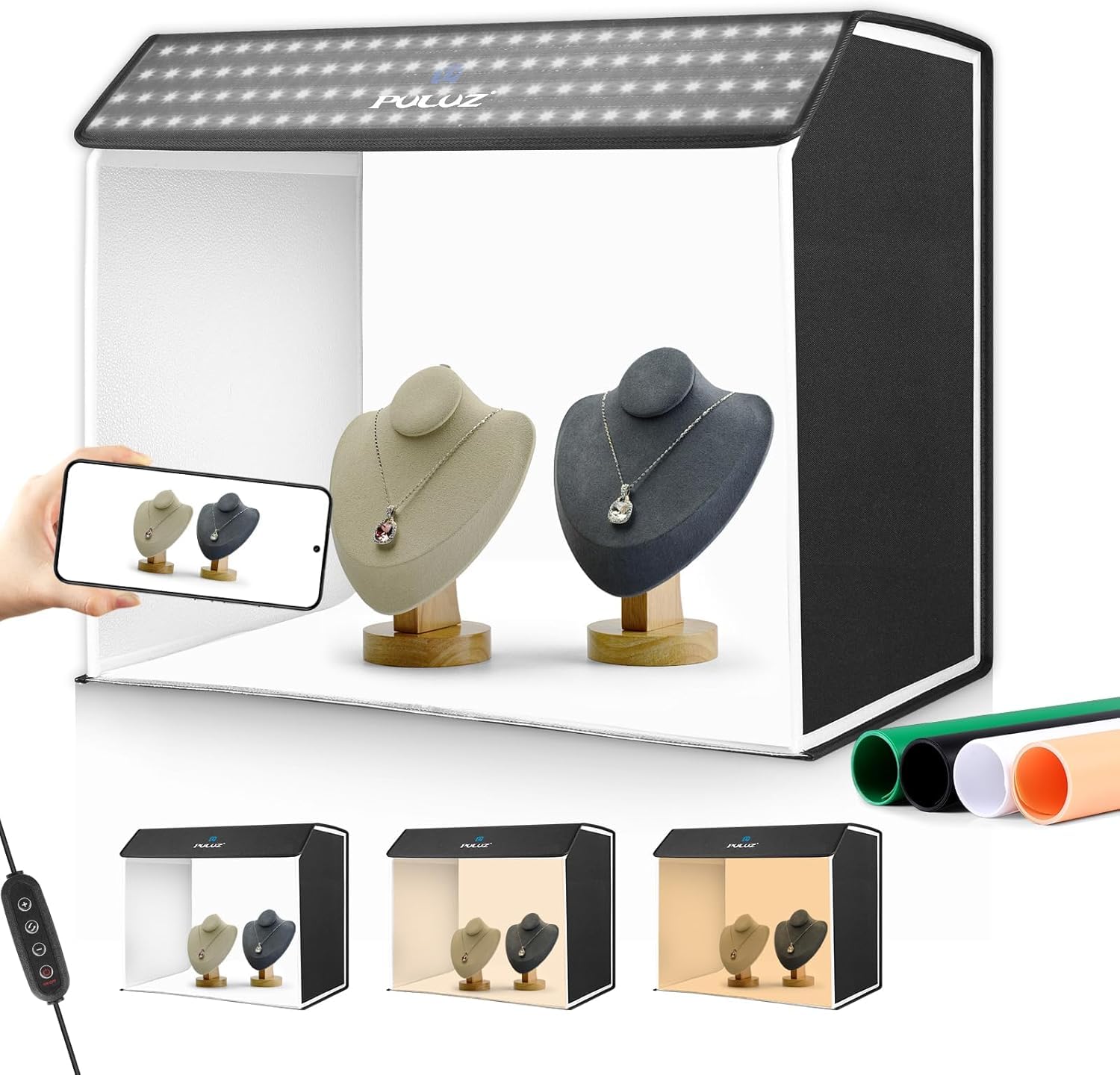 Light Box Photography 60x40cm, PULUZ Photo Studio Lightbox for Product Photography Tent Kit Portable Folding Photo Box with Dimmable 672 LED Lights & 4 Color PVC Backdrops