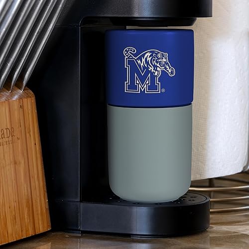 Miniatura 424 de Rico Industries NCAA Miami of Ohio Redhawks - Vaso de cerámica de 16 onzas con agarre de silicona, grabado láser profundo, diseño de color negro