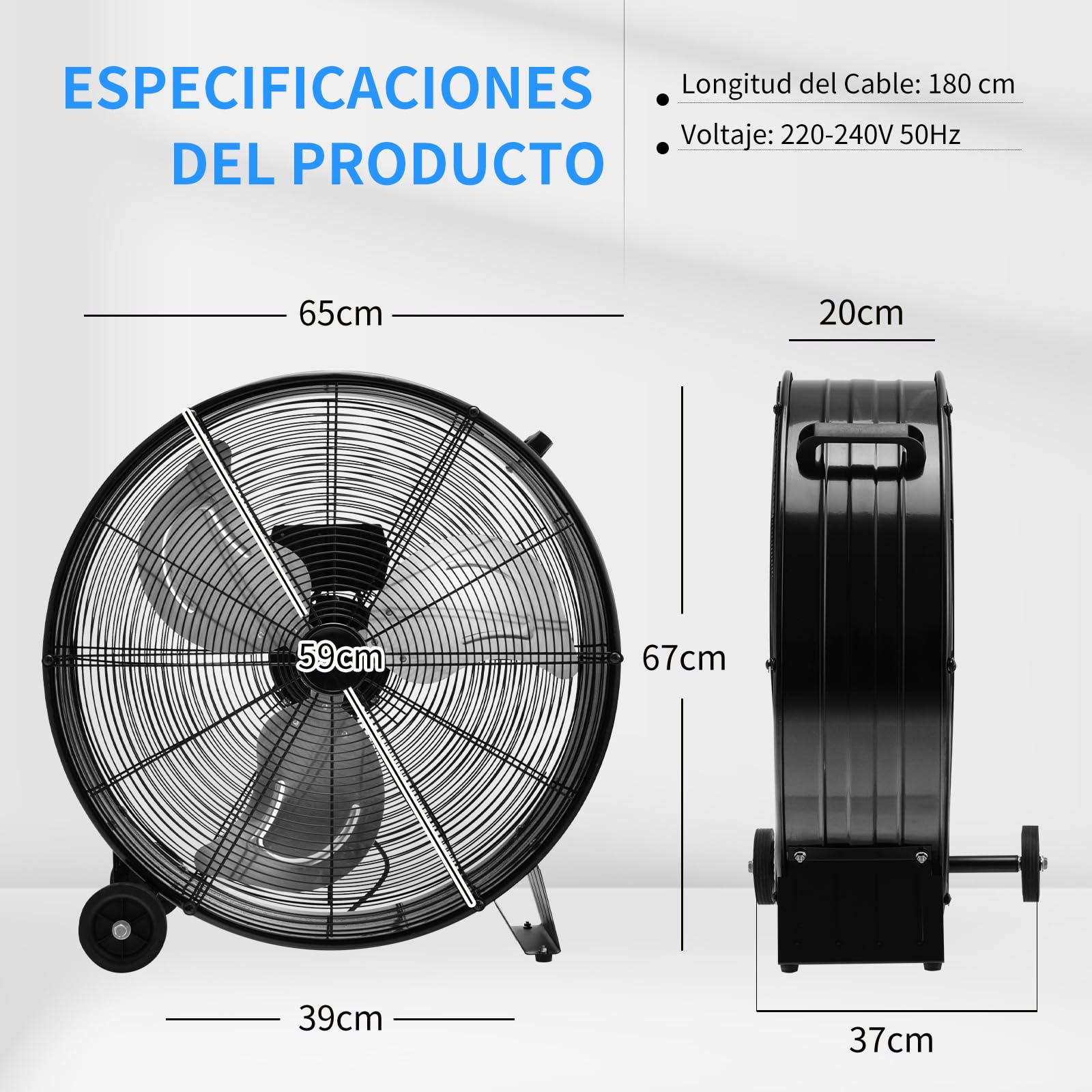 COSTWAY Ventilador Industrial de 180W, Ø65cm Ventilador de Tambor con Asa Lateral, 2 Ruedas, Soporte Antideslizante, 3 Velocidades, 3 Aspas Metálicas, Potente de Aluminio para Garaje y Almacén (Negro)