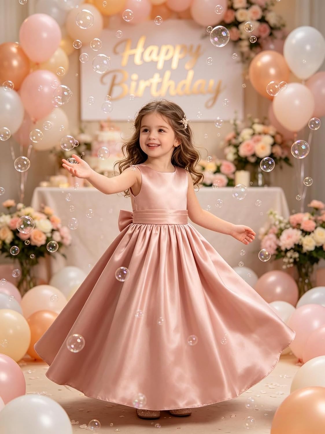 Satin Flower Girl Dress for Wedding Kids Elegant A-Line Big Bowknot Princess Pageant Prom Party Long Ball Gowns