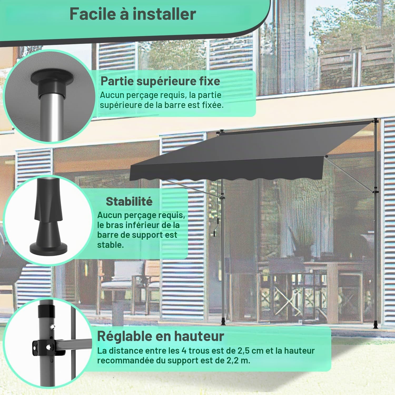 Store Banne Manuel pour Balcon, Auvent Manuel Rétractable sans Trous à percer, Résistant aux UV, Réglable en Hauteur, Hydrofuge, protège du Soleil 400x120x200-300cm, Gris