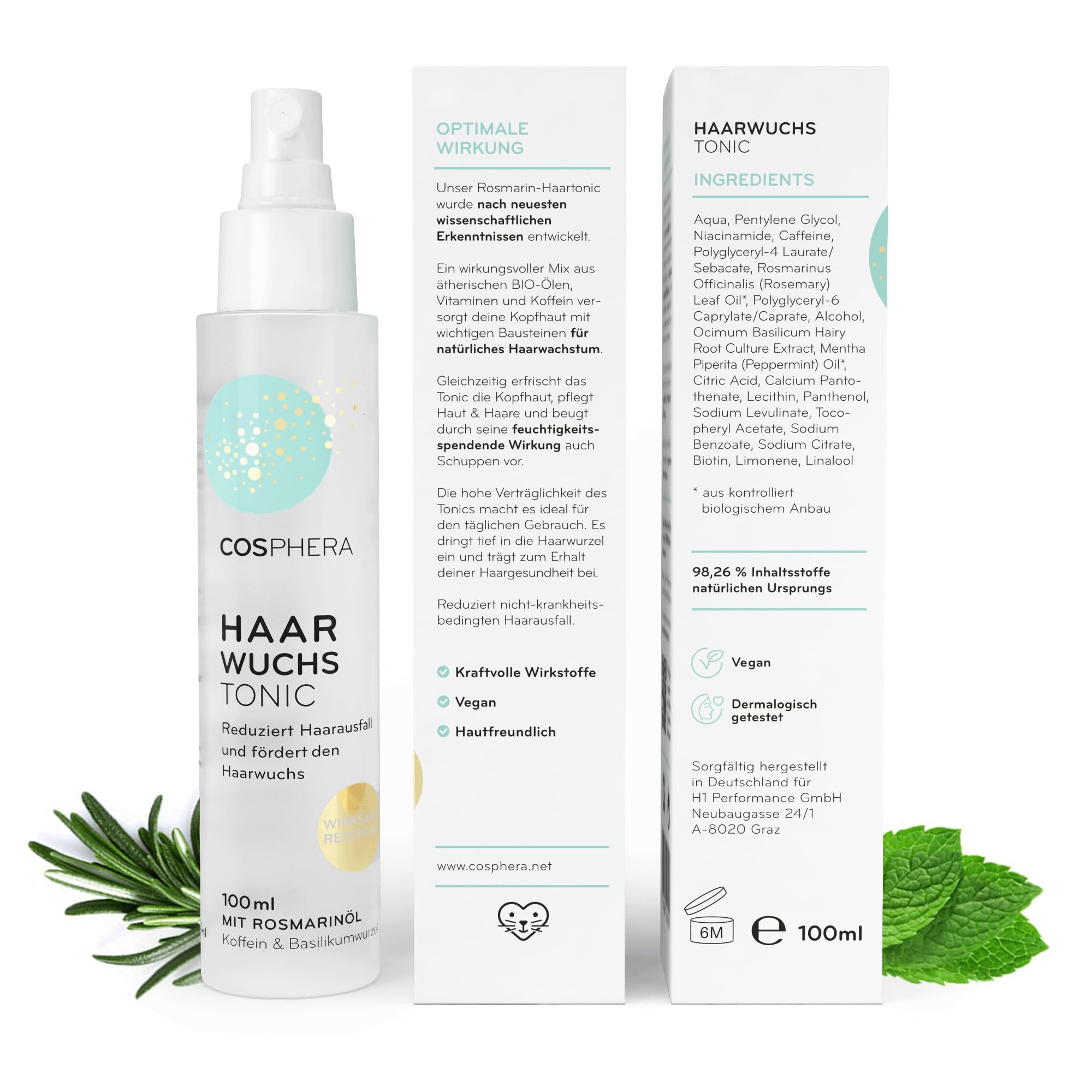 Cosphera Spray tonico per capelli, 100 ml, con olio di rosmarino, olio di rosmarino, per accelerare la crescita dei capelli, per donne e uomini
