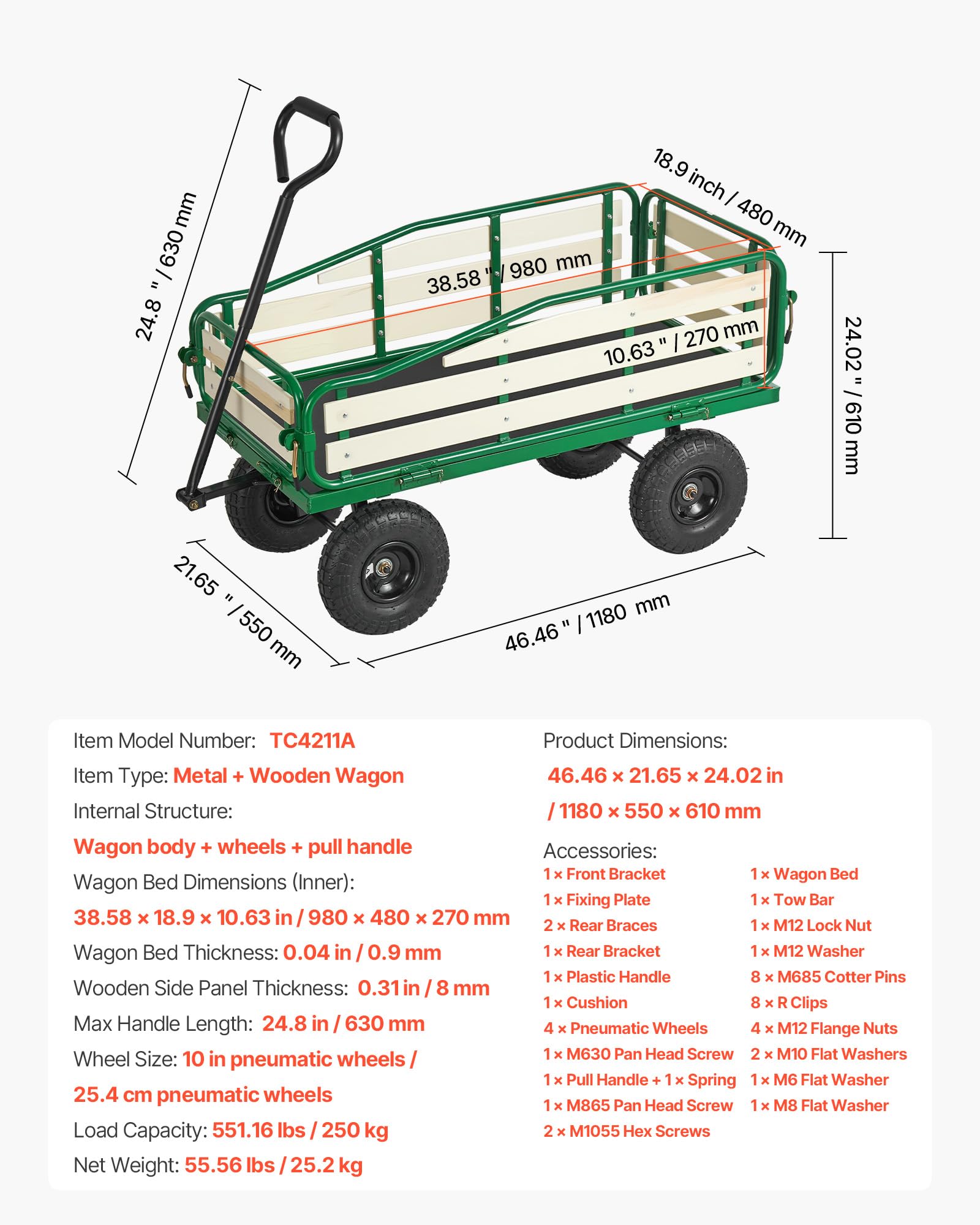 VEVOR Chariot à Tirer Enfants 102 cm Chariot Enfant Tout-Terrain pour Tout-Petits, Cadeau Anniversaire, Jardinage, Plage, Camping, Aventures en Plein Air, Charge 250 kg, avec Panneaux Bois, Poignée