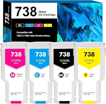 738 Ink Cartridge Replacement for DesignJet T850 & T950 Wide Format Printer plotters 300mLBlack,Cyan,Magenta,Yellow