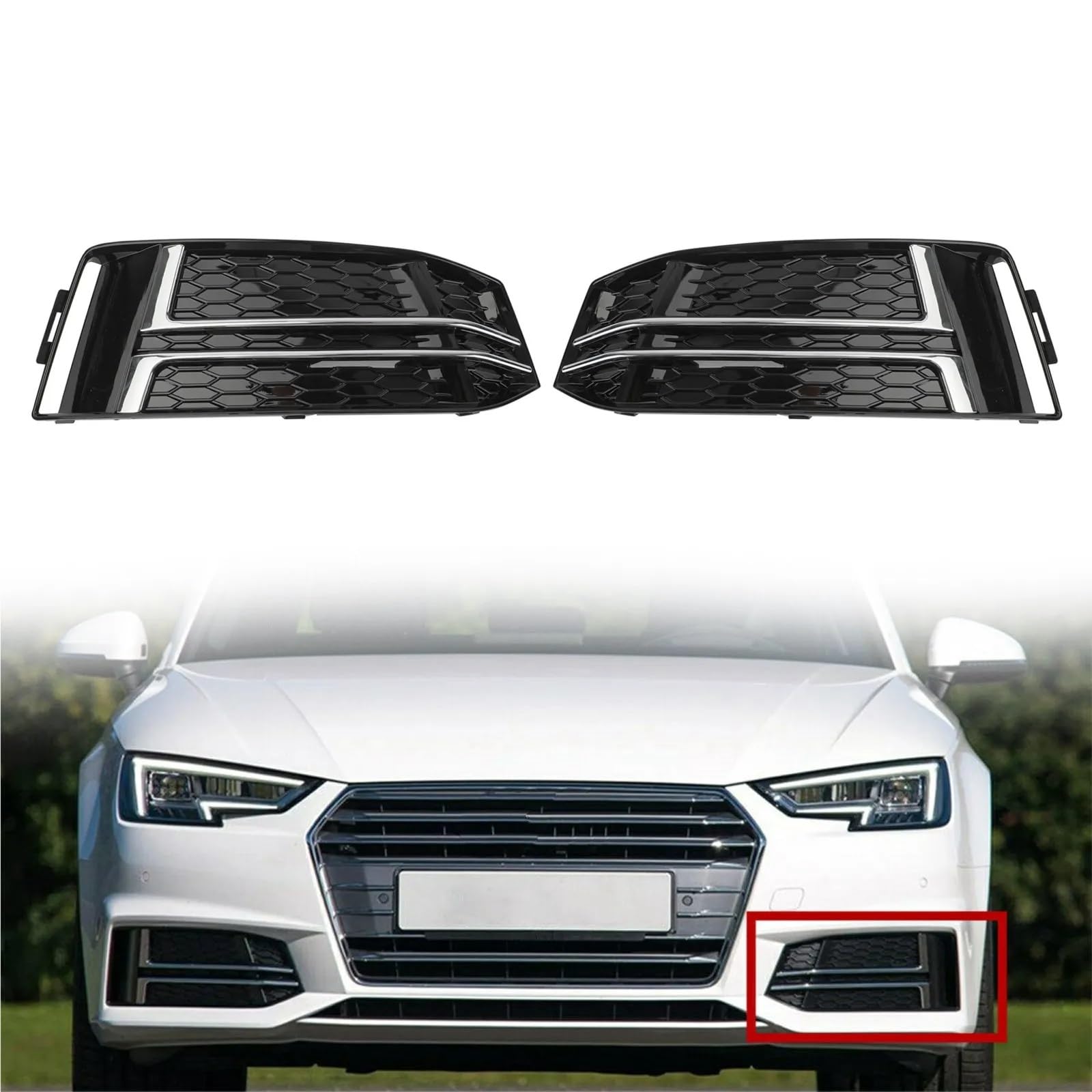 1 para osłony przednich świateł przeciwmgielnych zderzaka kratki pasuje do AUDI A4 B9 S-LINE 2016 2017 2018 kratka samochodowa 8W0807681F 8W0807682F Osłona chłodnicy motocykla kratki samochodowej(B)
