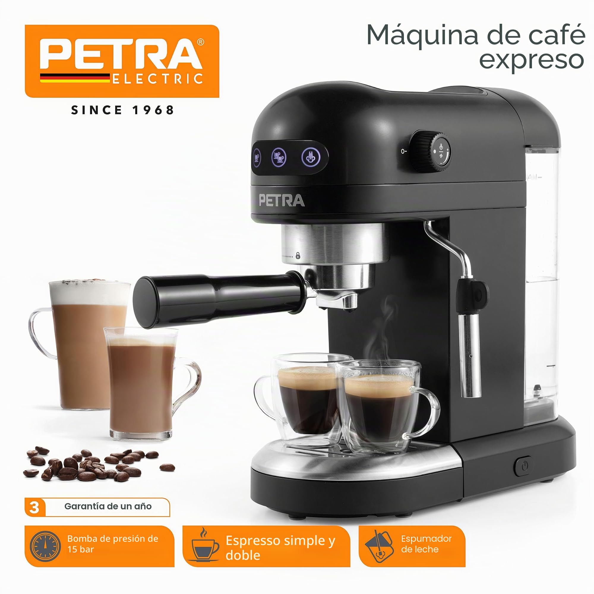 Petra PT5240 Cafetera Espresso - con espumador de leche, depósito de 1,4 l, expreso de estilo barista simple o doble, Máquinabomba de presión italiana de 15 bares, apta para café molido, 1465 W, negra