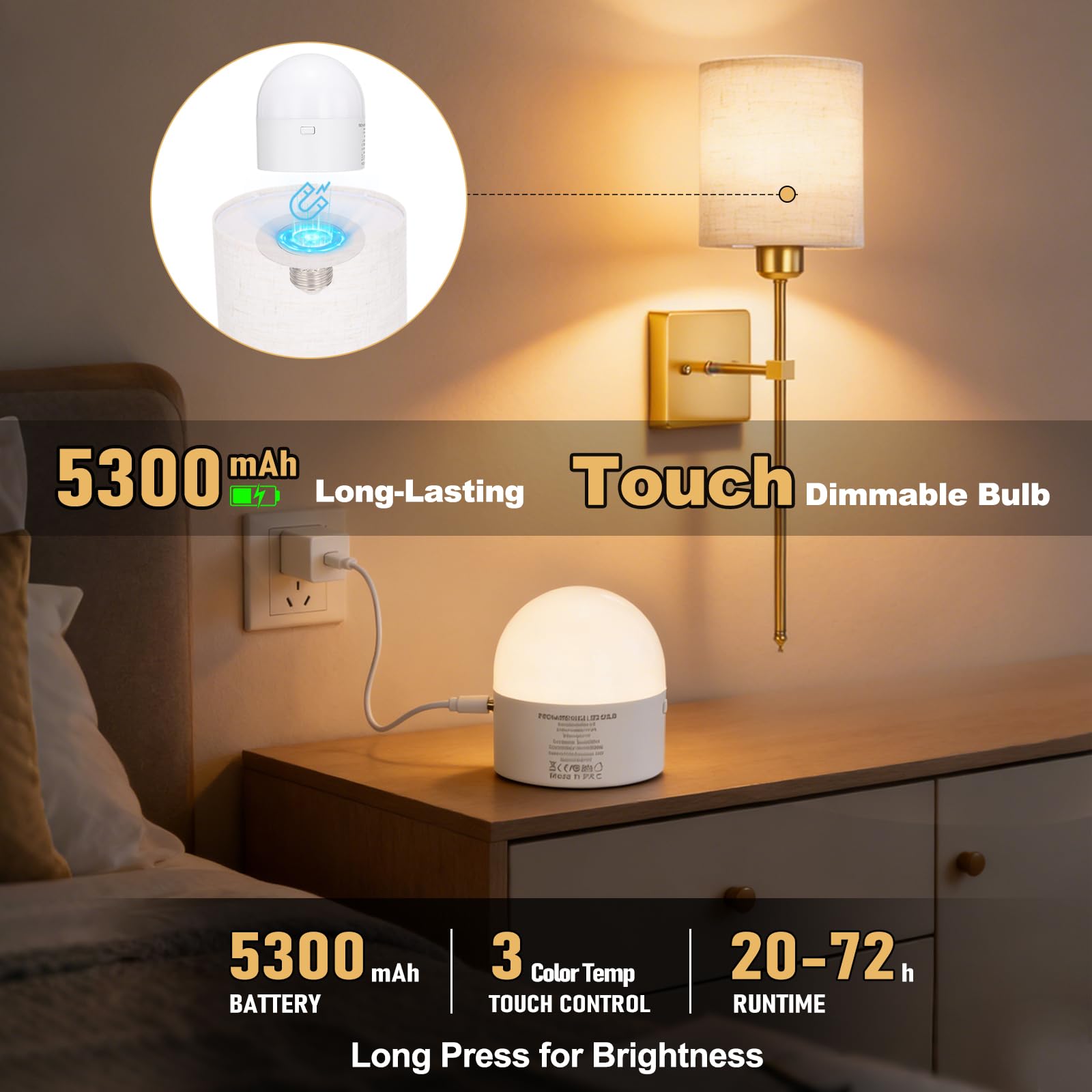 Juego de 2 apliques de pared que funcionan con pilas, luces de pared inalámbricas con control remoto de 5300 mAh, bombilla regulable recargable, 12 colores, apliques de pared inalámbricos