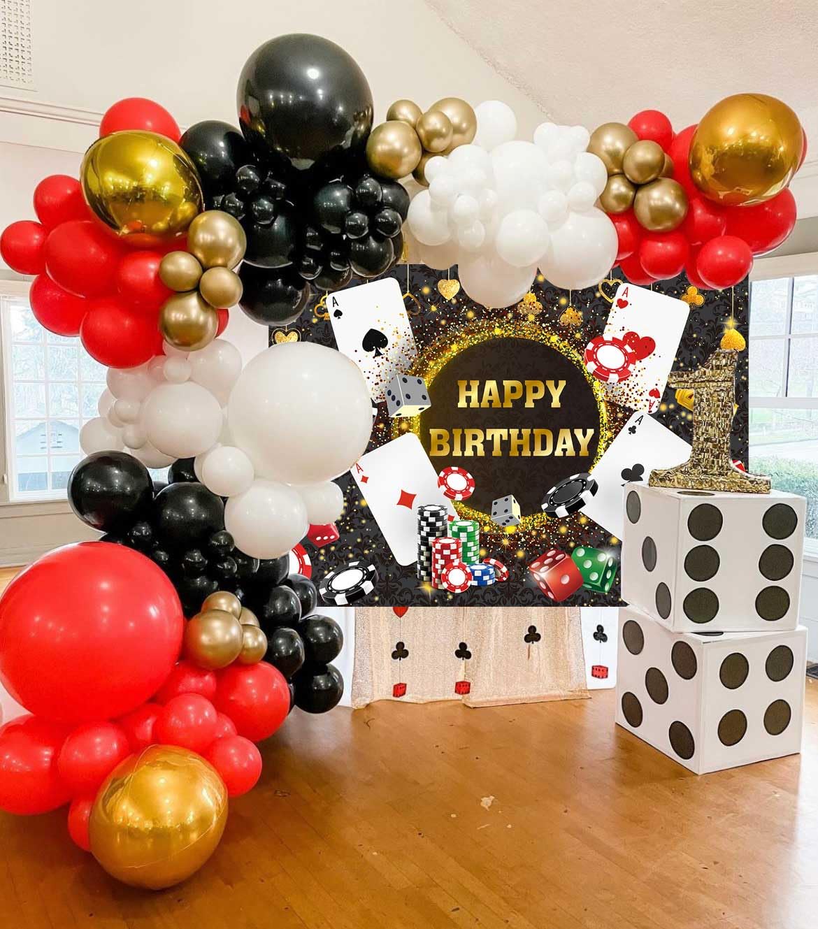 Casino Birthday Backdrop Las Vegas Casino Night Party Background for Casino Theme Poker Dice Gold Glitter Happy Birthday Party Decorations Banner (8X6FT(94X70inch))