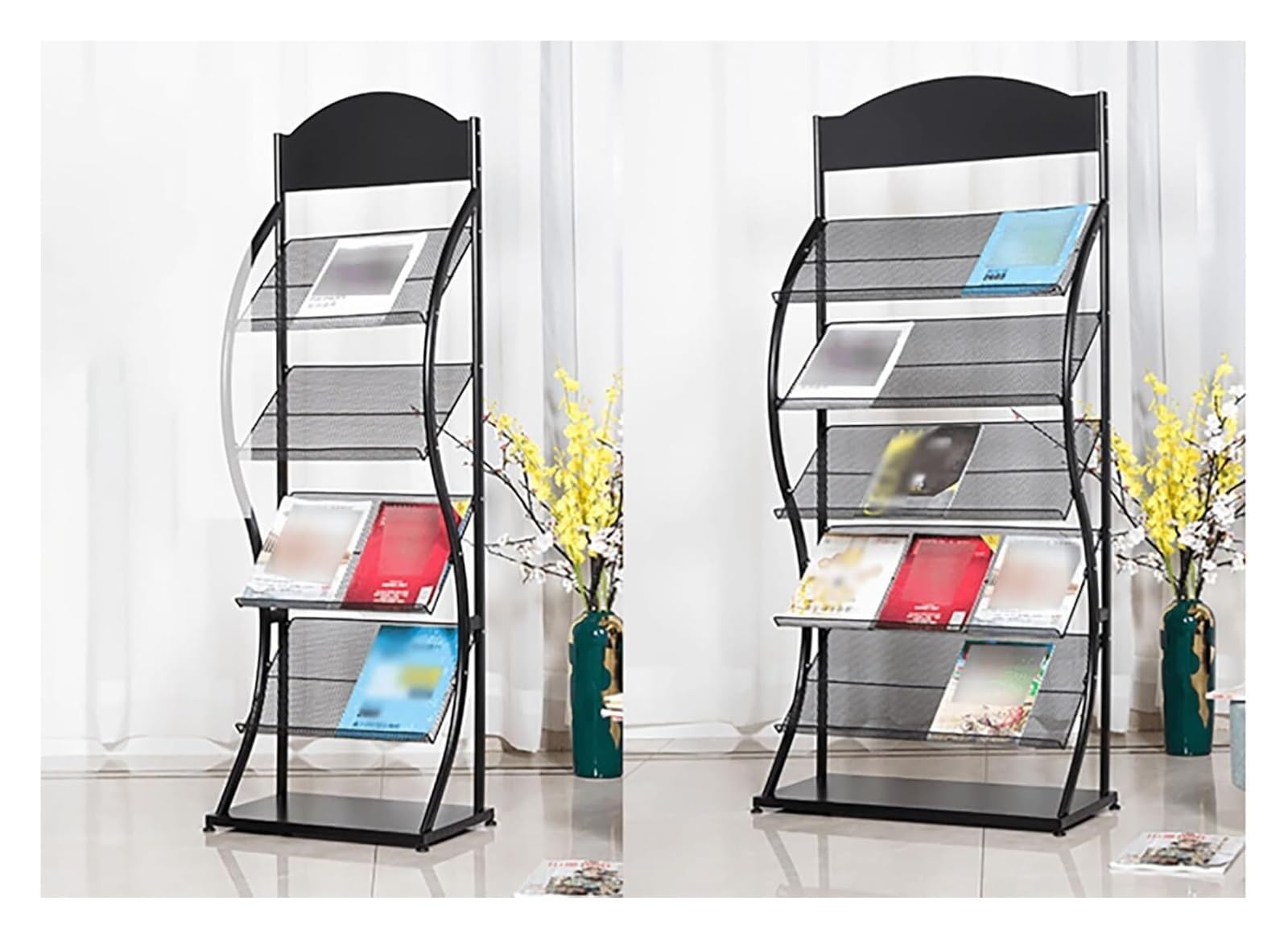 Zeitschriftenregal, bodenstehender Zeitschriftenständer, Zeitschriftenhalter aus Metall, Bücherregal, Literaturaufbewahrungsorganisator, Präsentationsständer for das Wartezimmer im Home Office(Black,7