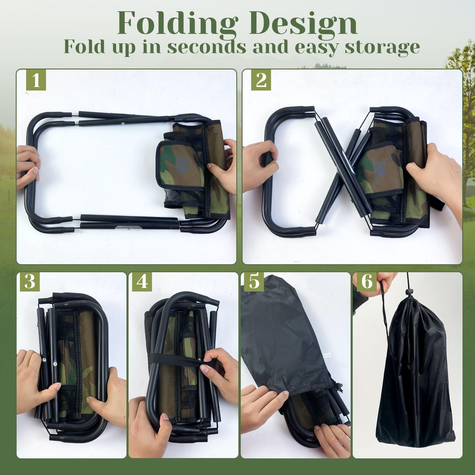 Taburete plegable portátil de 13 pulgadas con bolsillo lateral de malla y sistema Molle, taburete plegable ligero para adultos, jardinería, viajes, barbacoa, pesca, con bolsa de transporte
