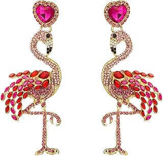 Statement Rhinestone Beaded Drop Earrings Dainty Crystal Flamingo Dangle Earrings Rainbow Animal Beaded Drop Stub Earrings Fashion Cute Flamingos Earrings Tassel Drop Earrings for Girls - Red