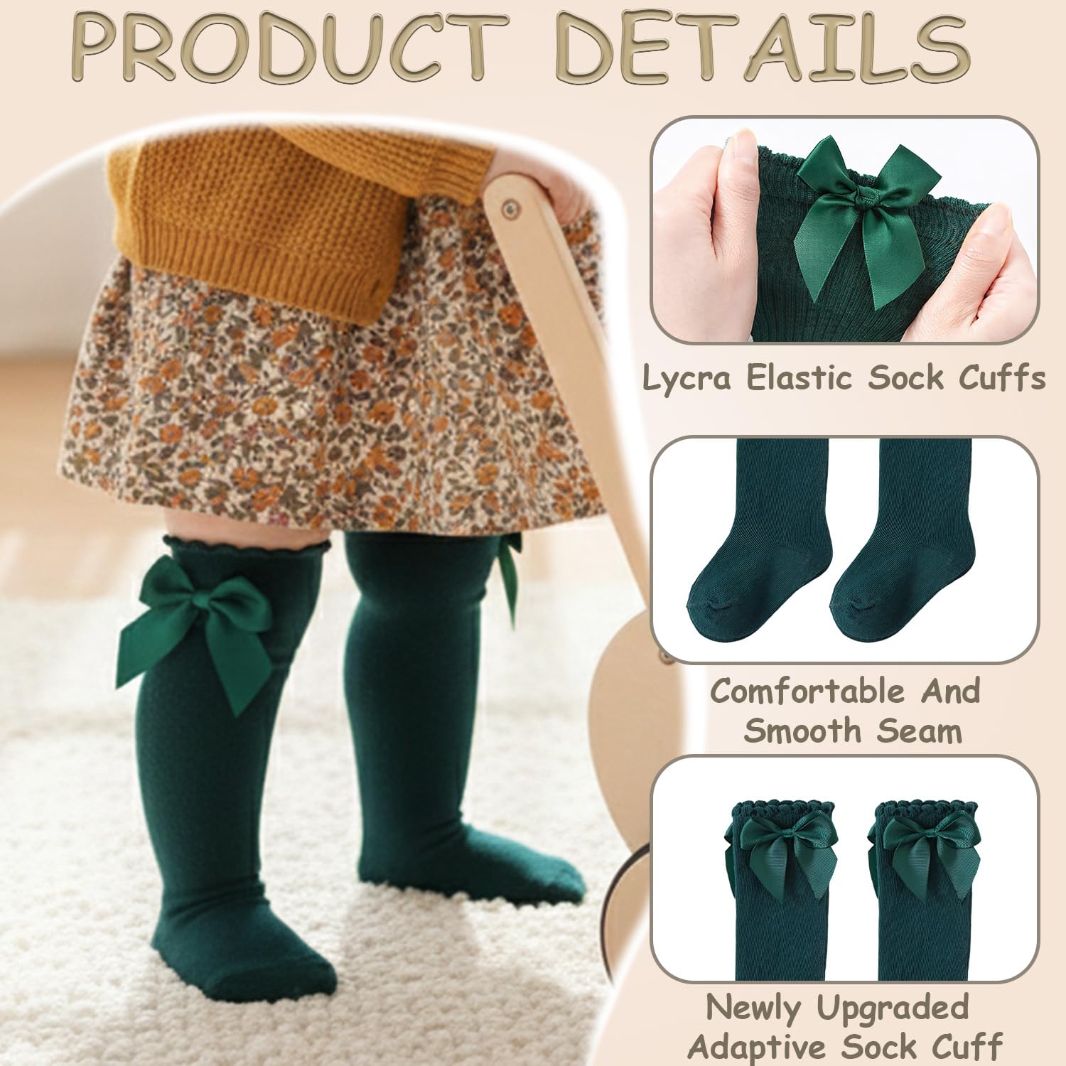 SYGA Baby Girls Baby Long Socks Cotton, Over The Knee, No Tightness, High-Top, Bow Pattern- Suitable For 0-1 Year (Dark Green) 1
