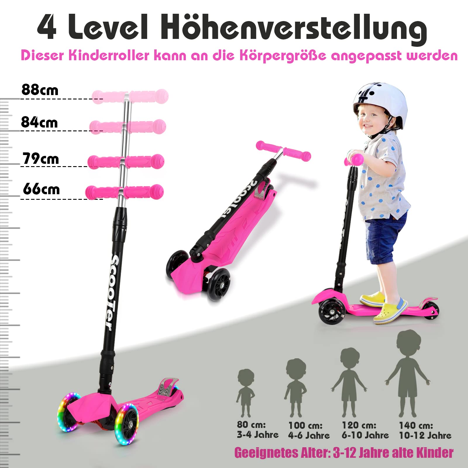 Monopattino per Bambini, scooter a tre ruote con ruote illuminate a LED, 4 Level scooter per bambini regolabile in altezza, max 50 kg, per scooter per bambini da 3-14 anni