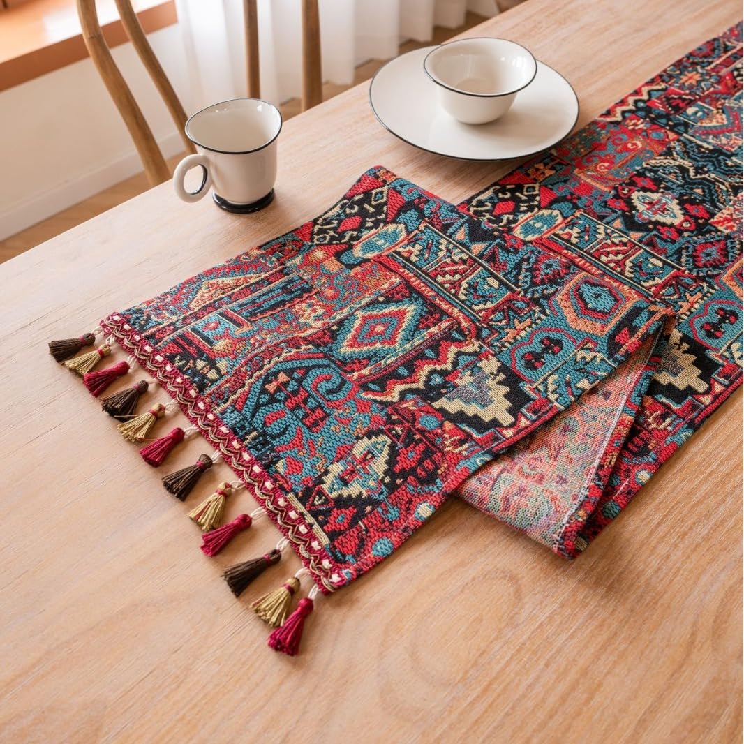 Clothfuna Bohemia Table Runner, Ethnic Boho Red Table Runner, Geometric Jacquard Fabric Table Runner for Kitchen Dining Table (33x120 cm/ 13x47 inch)