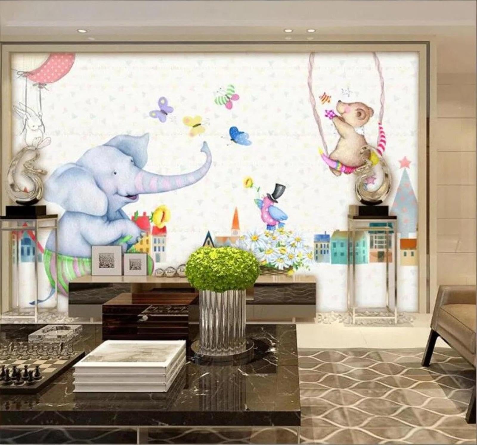 Tzxztt Cartoon Watercolour Animals Elephants Houses Modern 3D Wallpaper Premium Textured Silk Neutral Tones Material Ideal for Living Room Bedroom-150cm×105cm