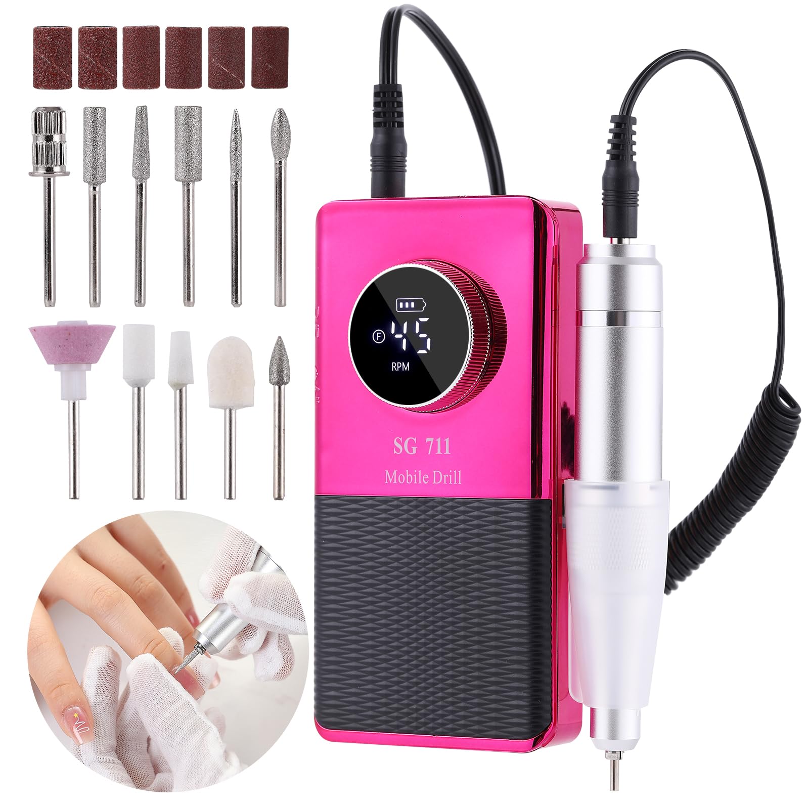 Electric 45000RPM Nail Drill Machine Rechargeable Portable Nail File Electric DIY Nail Drill Kit with Smart LCD Screen for Gel Nail Manicure and