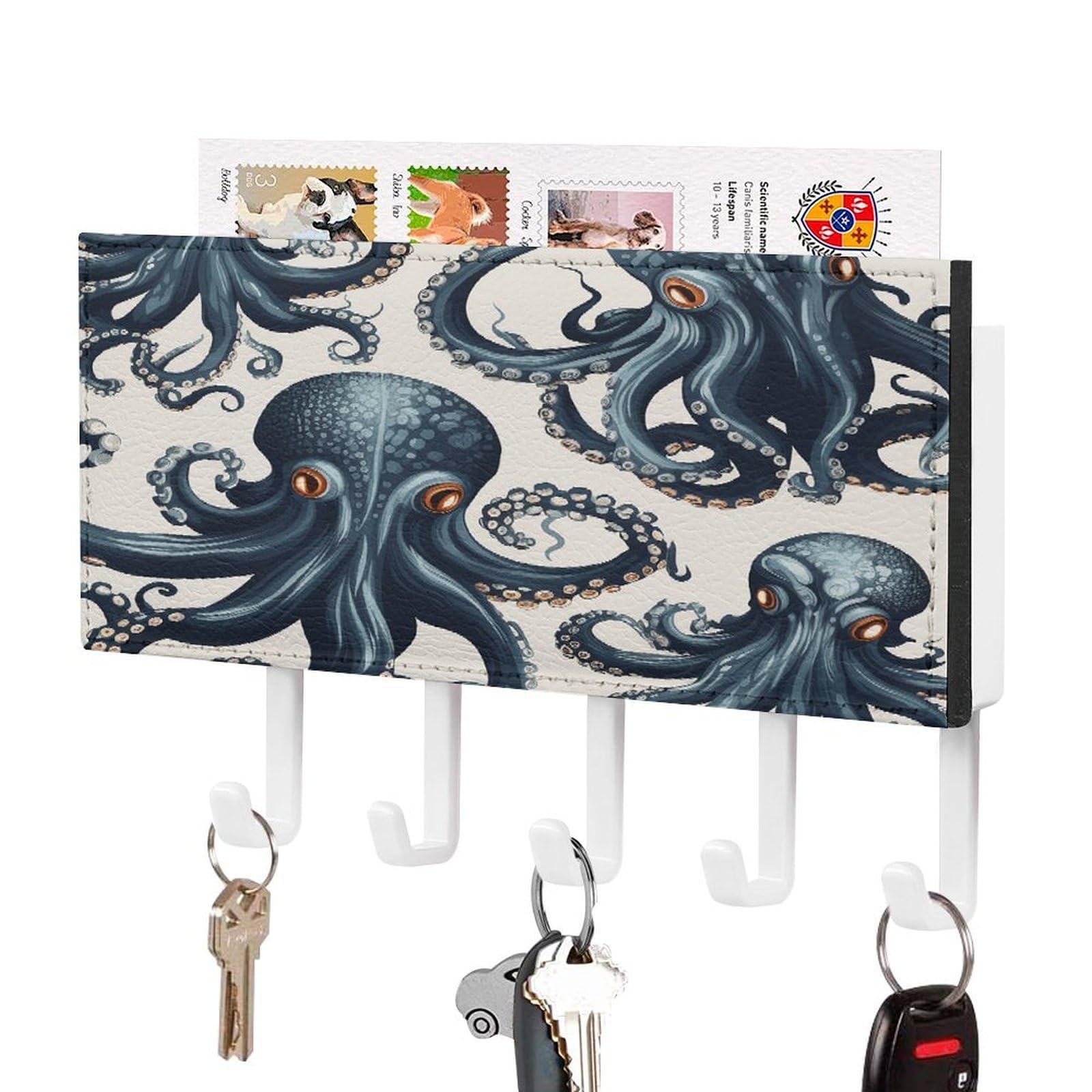 FekiLoot Octopus Pattern Key Holder Wall Mount Key Hanger with 5 Hooks Decorative Key Rack Hanging Key Hooks with Mail Organizer Key Holder for Wall Living Room Kitchen Bathroom Hallway White