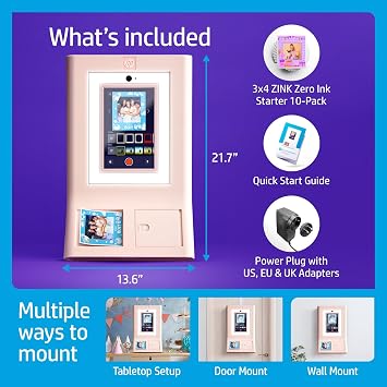 HP Sprocket Photo Booth Machine Instant Color Photo Printer - 10.1 Touchscreen Photobooth, LED Ring Light - Customize w/ 250+ Frames, Prints on 3x4 Zink Paper or Share via QR Code, Mobile App - Pink