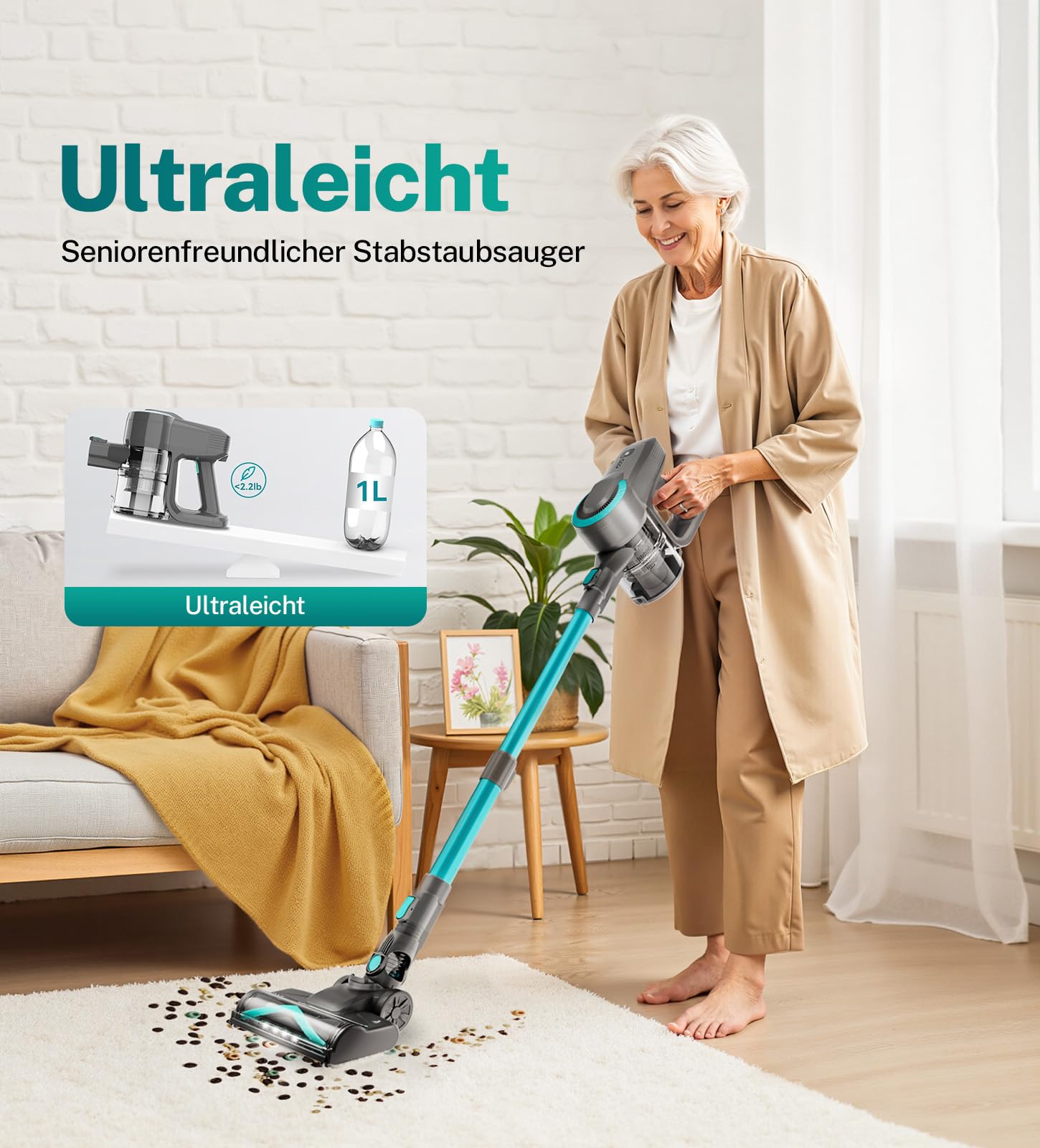Akku Staubsauger, 30000Pa/55Min Staubsauger Kabellos, Anti-Tangle-Bürste und Selbststehend, Ultraleichter Handstaubsauger akku vacuum cleaner Stielstaubsauger für Teppichen, Hartboden, Tierhaare