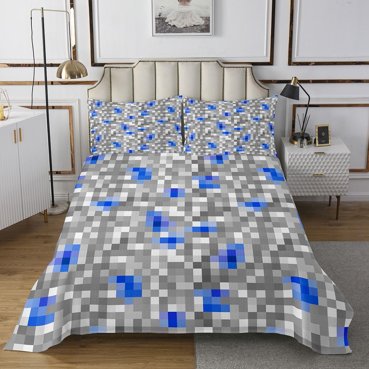 Szaro-niebieska pled w kratkę, 2 sztuki, motyw gry, dla dzieci, nastolatków, dorosłych, abstrakcyjna geometryczna patchwork, dekoracja, zestaw pościeli, rozmiar S