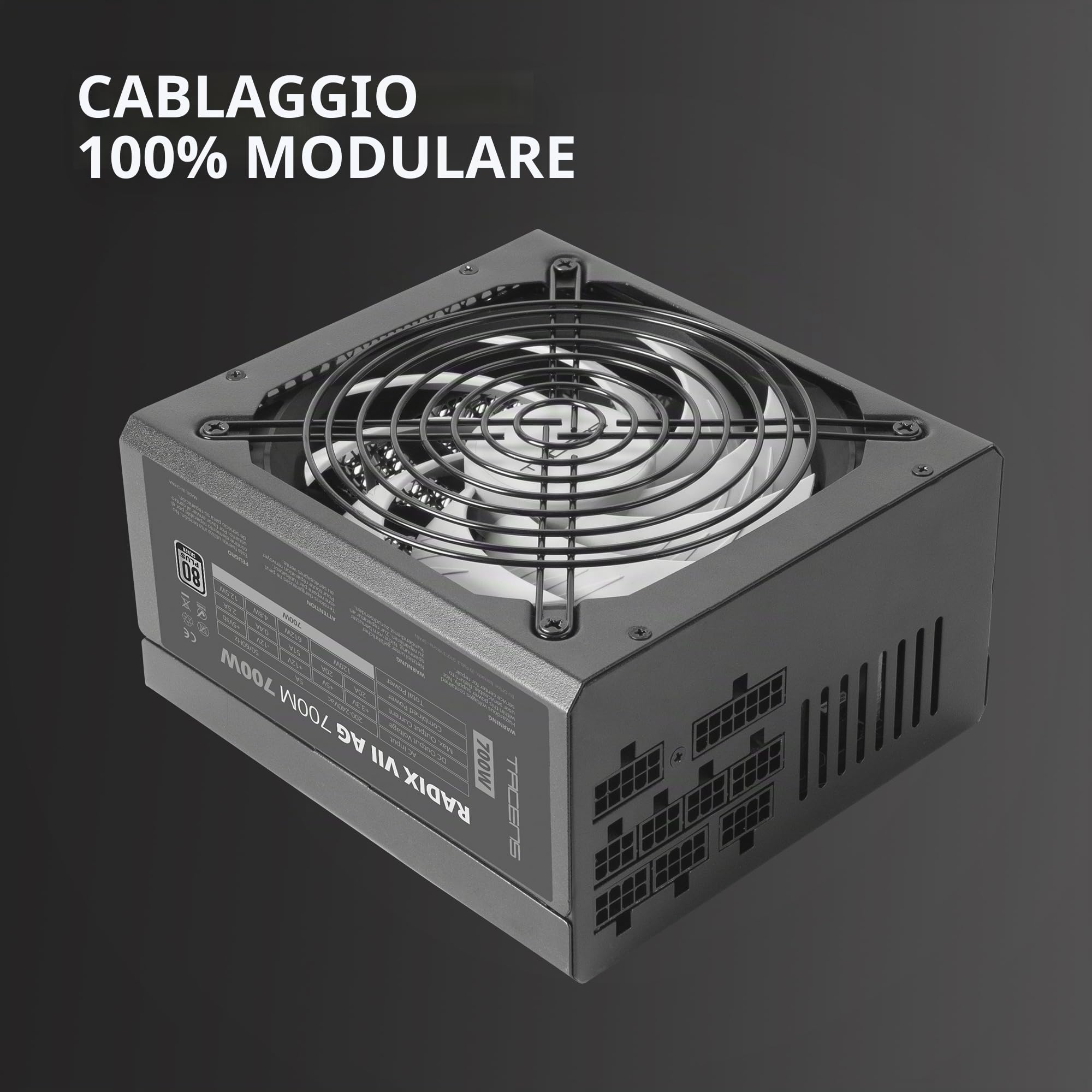 Tacens RADIX VII AG 700, Alimentatore Full Modulare 700W ATX, 10 Anni Garanzia, 80Plus Silver, +87% Di efficienza, Ventola FDB da 140 mm con Tecnologia AI-RPM, Condensatori Giapponesi da 105º, Nero