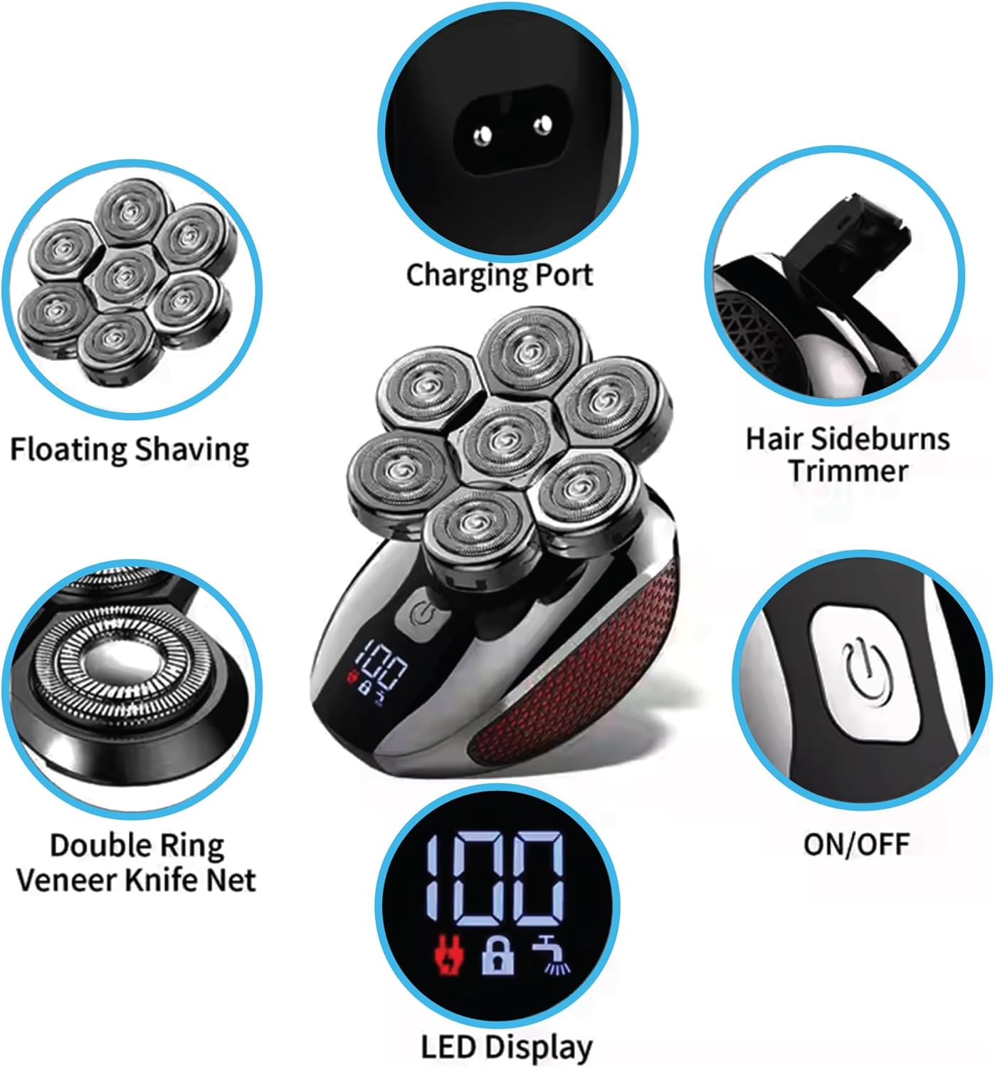 Upgraded 7D Head Shavers for Bald Men – Waterproof Electric Razor for Men with LED Display, Detachable Blades, Type-C Rechargeable Mens Head Shaver Grooming Kit