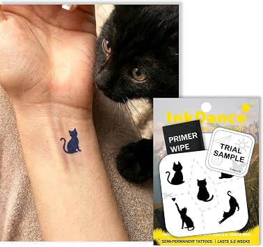 Semi-Permanent Tattoo, Tiny Dark Kitten Cat, Long Lasting Temporary Tattoos, Waterproof Plant-Based Ink, Lasts 1-2 Weeks, Color Develops in 24 Hours MNF181, Set of 5