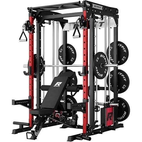 RitFit M2 3D Smith Machine & 286.6LB Built-in Weight Stack with Cable Crossover System, All in One Functional Trainer & Power Cage, 16 Adjustment Holes, 6 Storage Pegs for Full-Body Home Gym