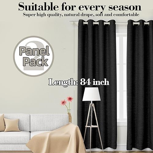 Miniatura 6 de Cortinas opacas negras de 52 x 84 pulgadas de largo para dormitorio, juego de 2 paneles de cortinas insonorizadas con ojales, cortinas térmicas con
