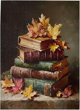 Wooden Jigsaw Puzzles for Adults 500 Pieces, Antique Books & Fall Leaves, Stacked Leather Volumes, Warm Tones, Mindful Activity for Evening, Retro Decor, Gift for Bibliophiles