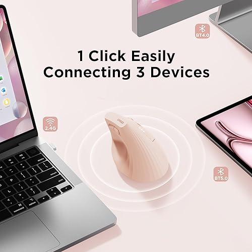 Miniatura 2 de Uineer Ratón inalámbrico ergonómico rosa, mouse vertical Bluetooth con BT5.04.02.4G, recargable con indicador de batería, diseño ergonómico para