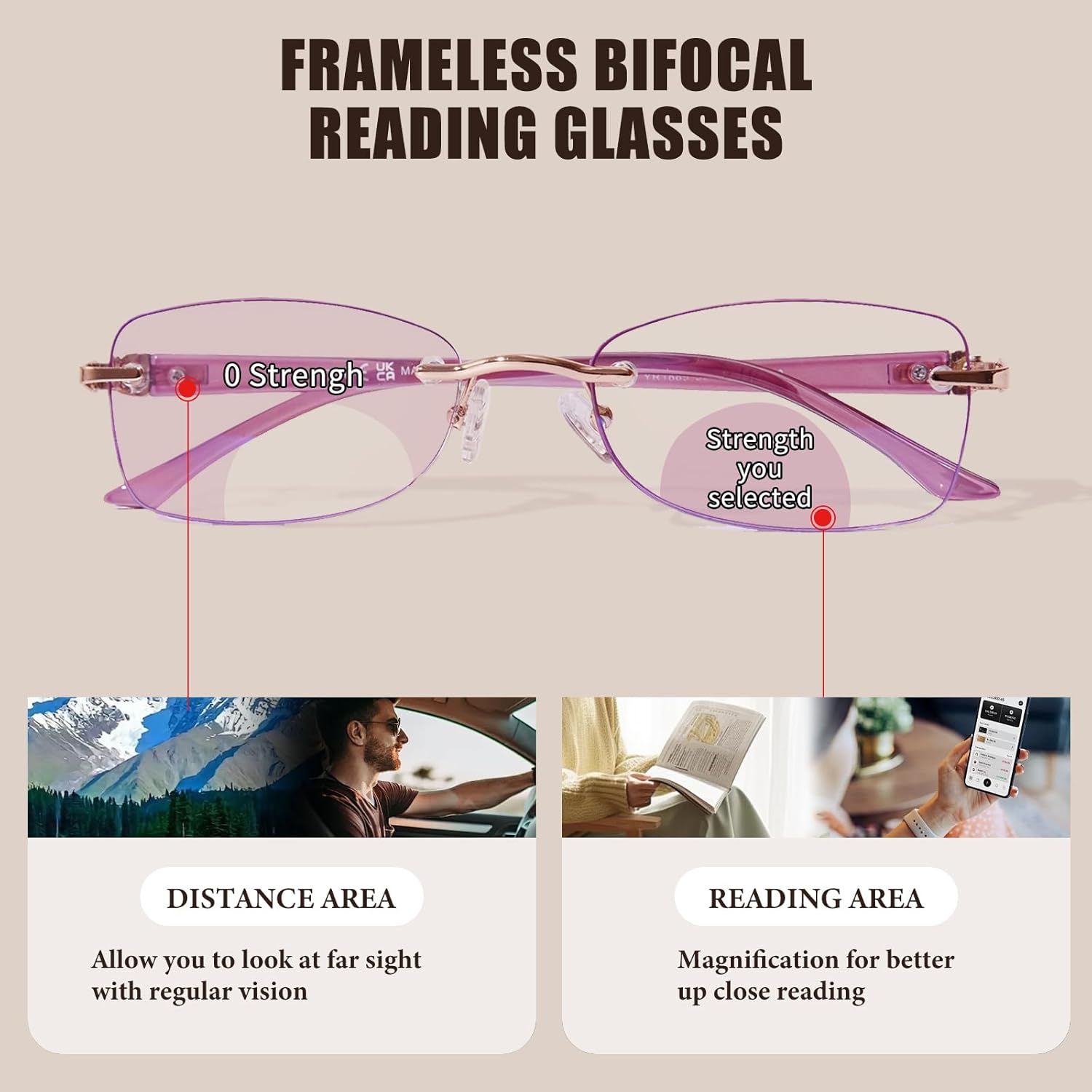 Rimless Bifocal Reading Glasses for Women Frameless Blue Light Blocking Bifocal Clear Top Readers With Tinted Edge - Image 2