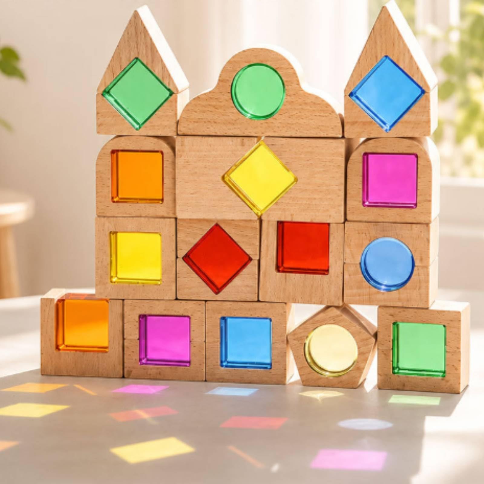 Amagogo Kinder Bauklötze Holzbausteine Acryl Bausteinset Lernspielzeug Stapelspiel Pädagogisches Spielzeug mit Transparenten Einsätzen für Feinmotorik