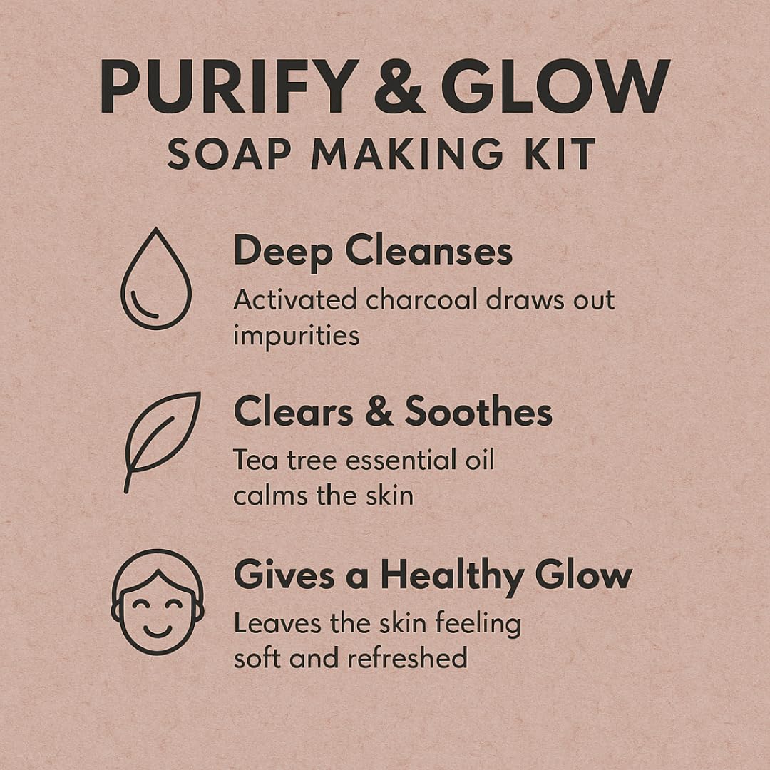 The Soapy Biz Purify & Glow Soap Making Kit – DIY Goat Milk Soap with Activated Charcoal & Tea Tree Oil – Make 4 Detox Bars for Oily or Acne-Prone Skin – Beginner-Friendly Natural Self-Care Gift