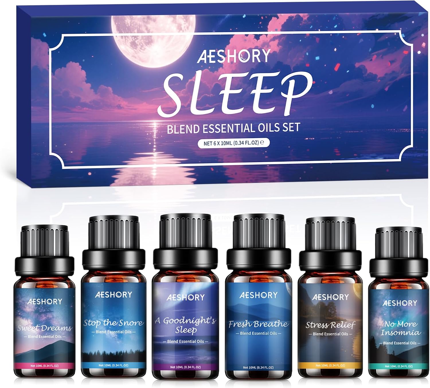Aeshory 6 x 10ml Sleep Essential Oils Blend Set for Diffusers for Home, Natural Aromatherapy Oil – Fresh Breathe, Stress Relief, Stop The Snore, No More Insomnia, Sweet Dreams, A Goodnight’s Sleep