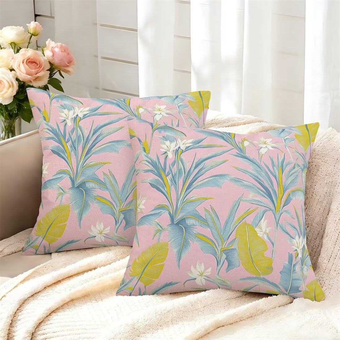 Housses de coussin canapé plantes de la jungle automne décoratif rose 45x45
