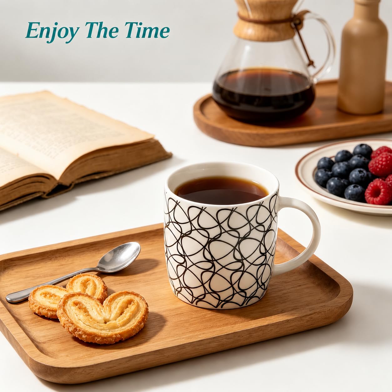 Okllen 6-pak 340 ml kubki do kawy geometryczne teksturowane, ceramiczne kubki do kawy stylowy zestaw kubków do herbaty prezent do latte, cappuccino, mleka, wody, kakao, płatków, czarno-białe
