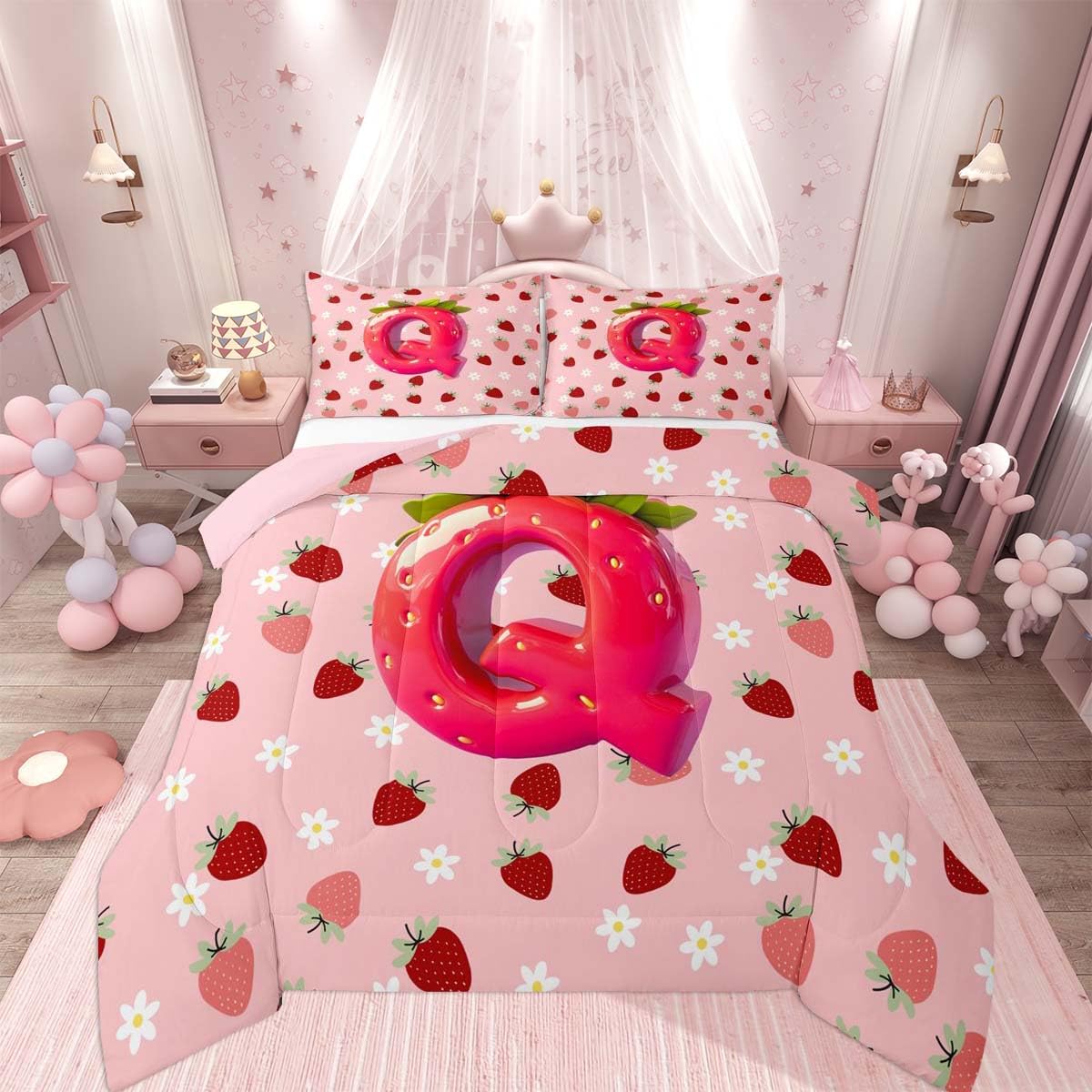 Feelyou Girls Cute Strawberry Comforter Set Full Size Pink Strawberry Bedding Set for Kids Boys Girls Initial Letter Duvet Quilt Bedroom Decor Microfiber 3 Pcs with 2 Pillow Cases