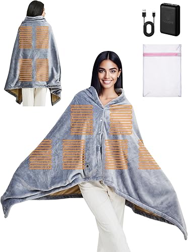 Miniatura 8 de Manta térmica USB, con banco de energía de 10000 mAh, acogedora manta térmica eléctrica portátil inalámbrica, 3 niveles de calefacción, 8 zonas de