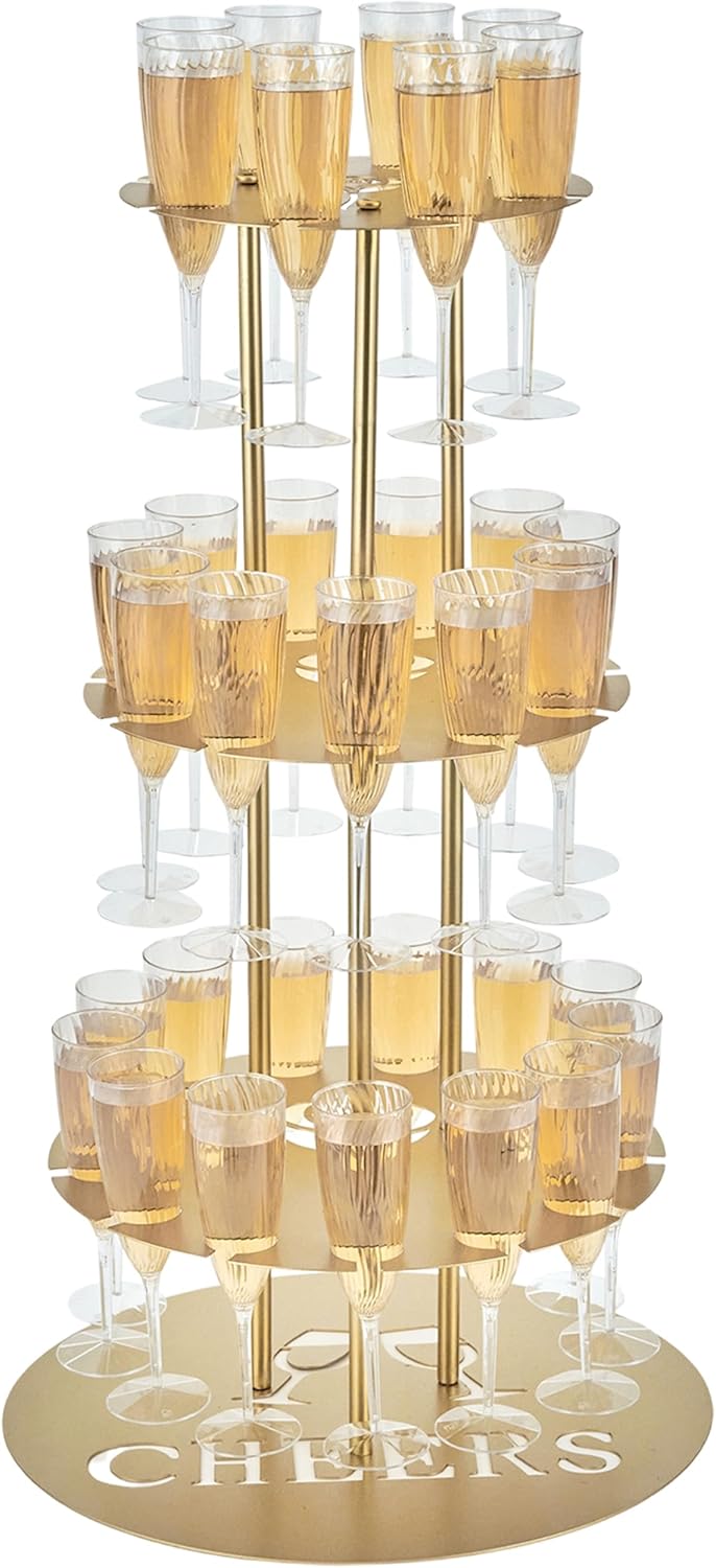Metal Champagne Flute Holder Stand for Party – 3-Tier Champagne Tower Display Holds 32 Glasses, Champagne Stand Holder for Wedding, Event, Celebration (Gold)