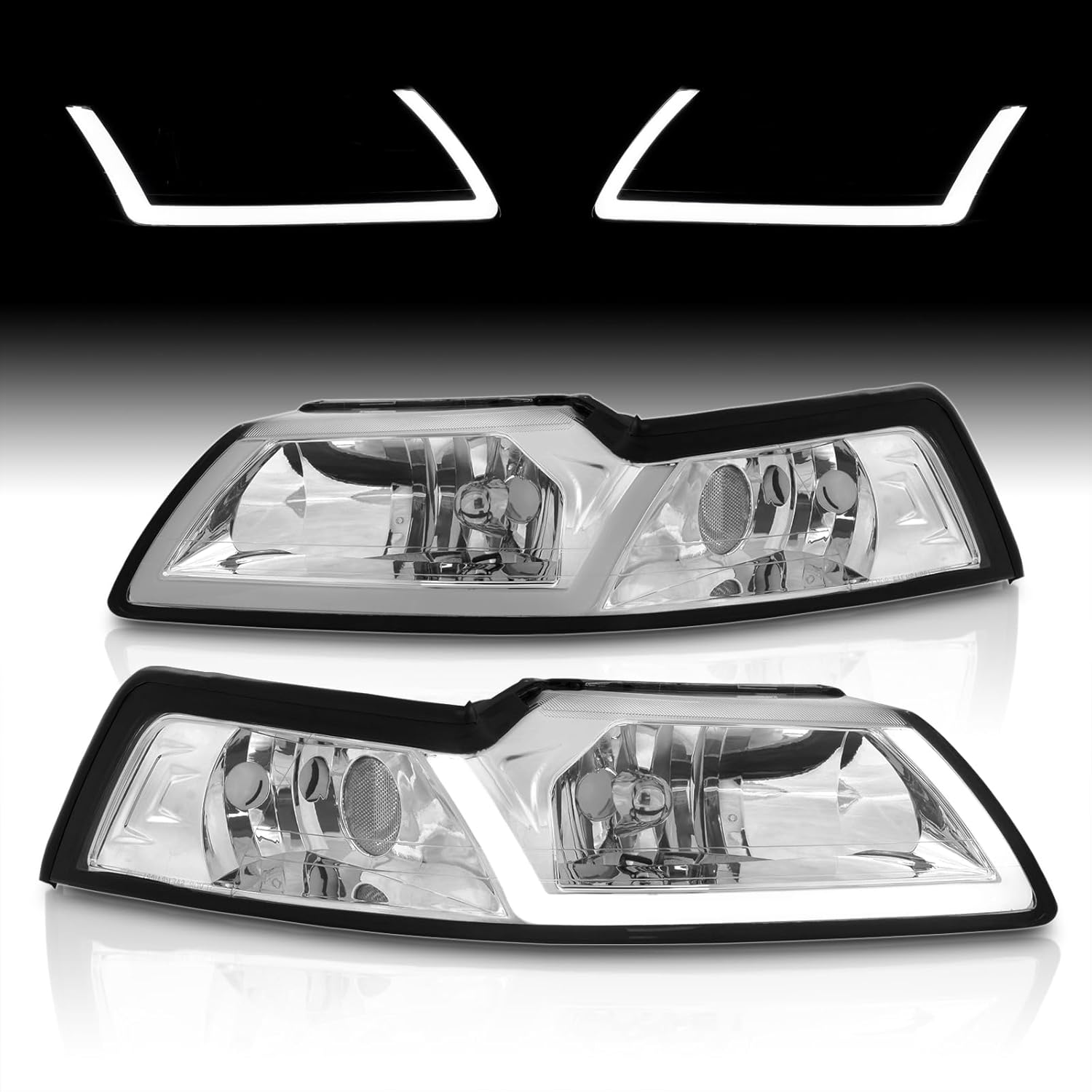 AJP Distributors Chrome Housing Clear Lens LED DRL Headlights Headlamps Corner Signal Reflector Lamp Light Assembly Left & Right Pair Compatible/Replacement For Mustang 1999 2000 2001 2002 2003 2004