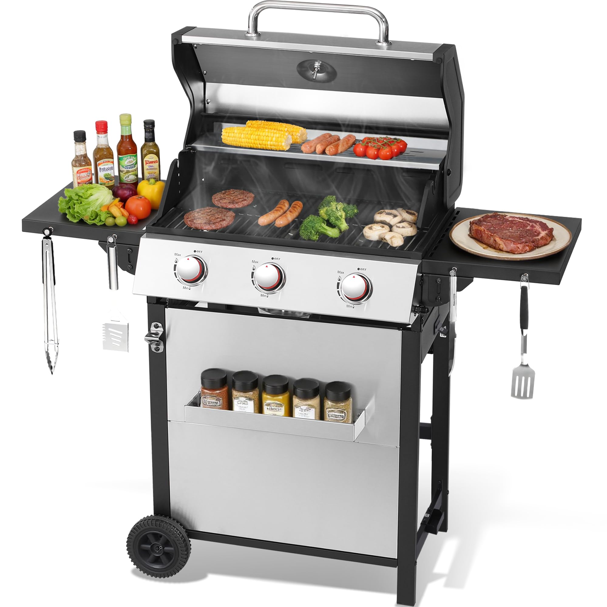Nice Cooker 3-Burner Propane Gas Grill with 2 Foldable Side Tables