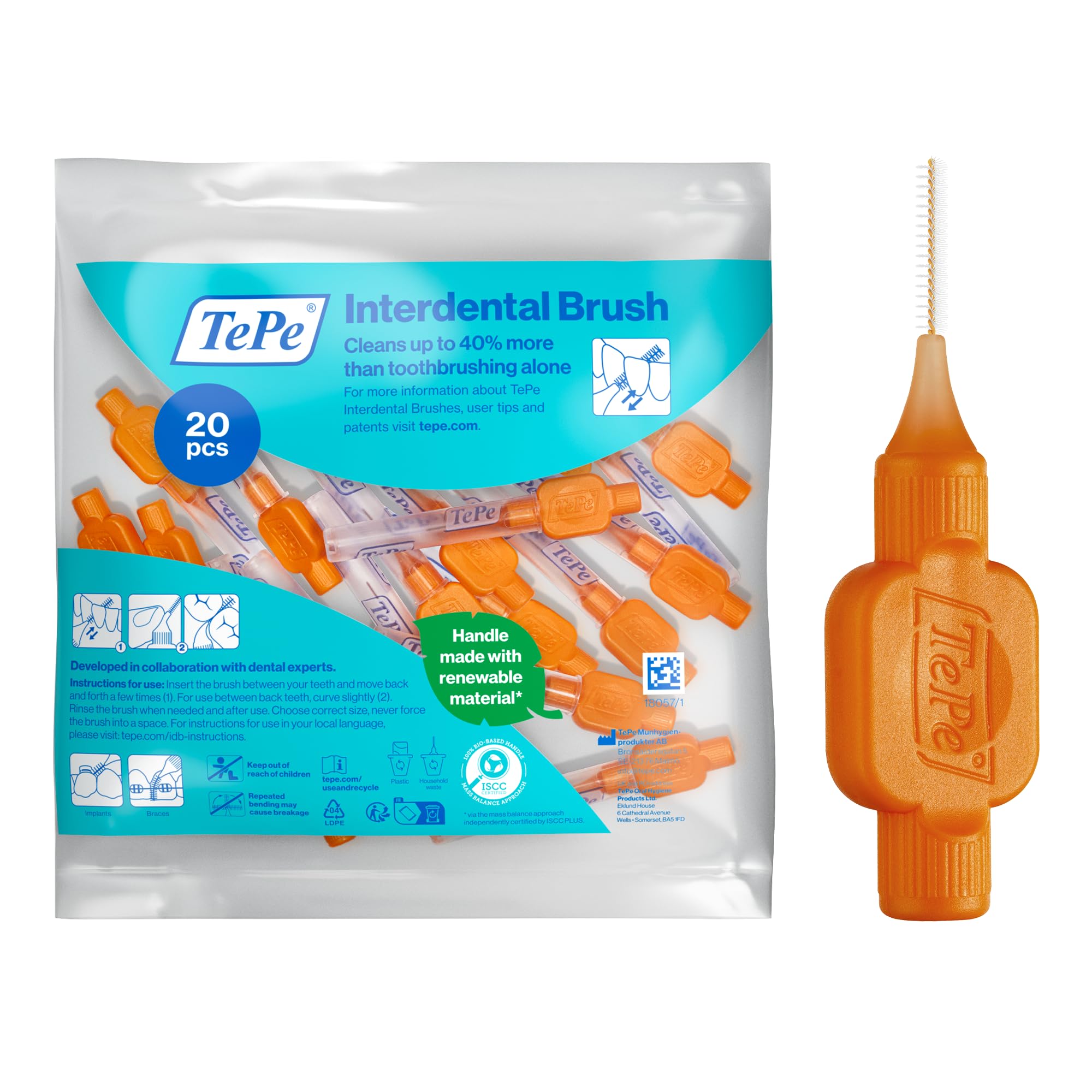 TePe Interdental Brush, Original, Orange, 0.45mm/ISO 1, 20pcs, Plaque Removal, efficient Clean Between The Teeth, Tooth Floss, for Narrow Gaps