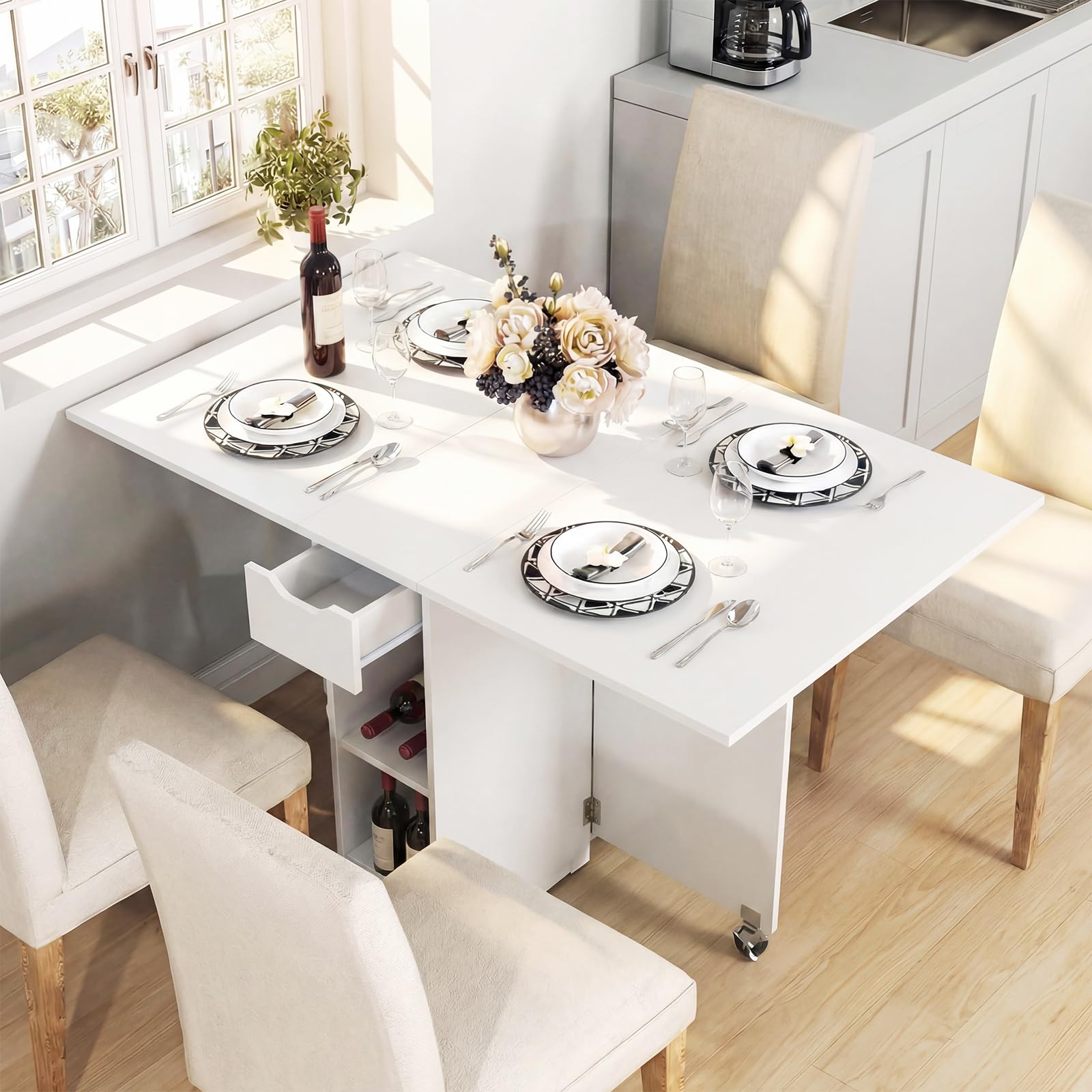 COSTWAY Tavolo da Pranzo Pieghevole, Tavolo Salvaspazio per 4-6 Persone con 2 Ripiani, Cassetto e Ruote a Freno, Tavolino Cucina per Cucina, Soggiorno e Ufficio, 120 x 72 x 75 cm (Bianco)